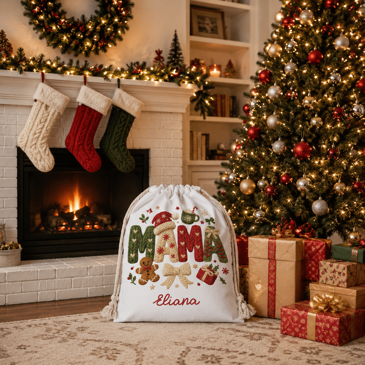 Personalized Mama Christmas Sack, Custom Name Santa Gift Bag