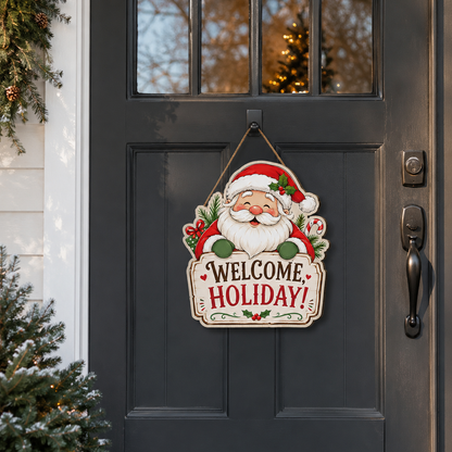 Personalized Santa Claus Custom Shape Wood Sign, Custom Name Welcome Holiday Cute Santa Claus Wooden Wall Hanging Decor for Christmas Home Entryway Door