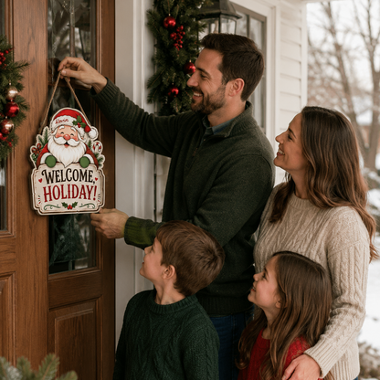 Personalized Santa Claus Custom Shape Wood Sign, Custom Name Welcome Holiday Cute Santa Claus Wooden Wall Hanging Decor for Christmas Home Entryway Door