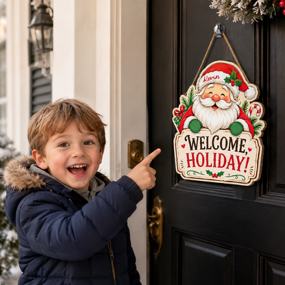 Personalized Santa Claus Custom Shape Wood Sign, Custom Name Welcome Holiday Cute Santa Claus Wooden Wall Hanging Decor for Christmas Home Entryway Door
