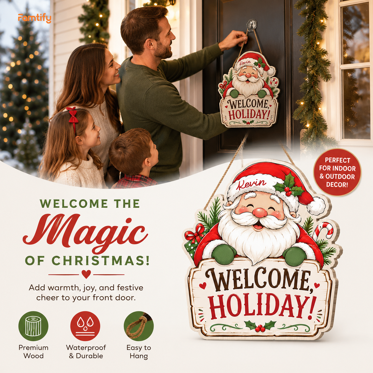 Personalized Santa Claus Custom Shape Wood Sign, Custom Name Welcome Holiday Cute Santa Claus Wooden Wall Hanging Decor for Christmas Home Entryway Door