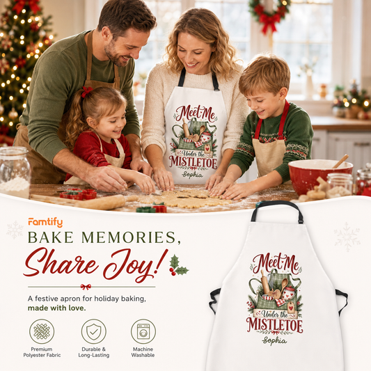 Bake Memories, Share Joy banner with a family baking and a Meet Me Under the Mistletoe apron