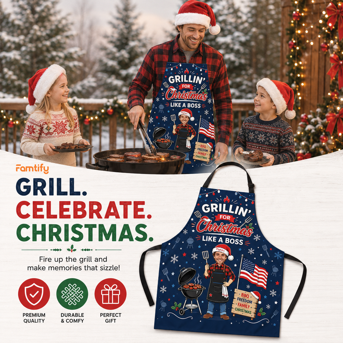 Personalized Christmas Grilling Apron with Custom Photo and Name