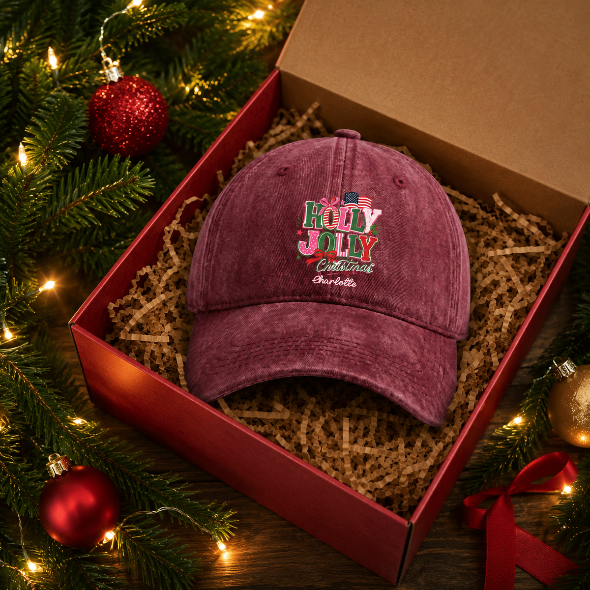 Holly Jolly Christmas Personalized Embroidered Baseball Cap, Custom Name Holiday Hat