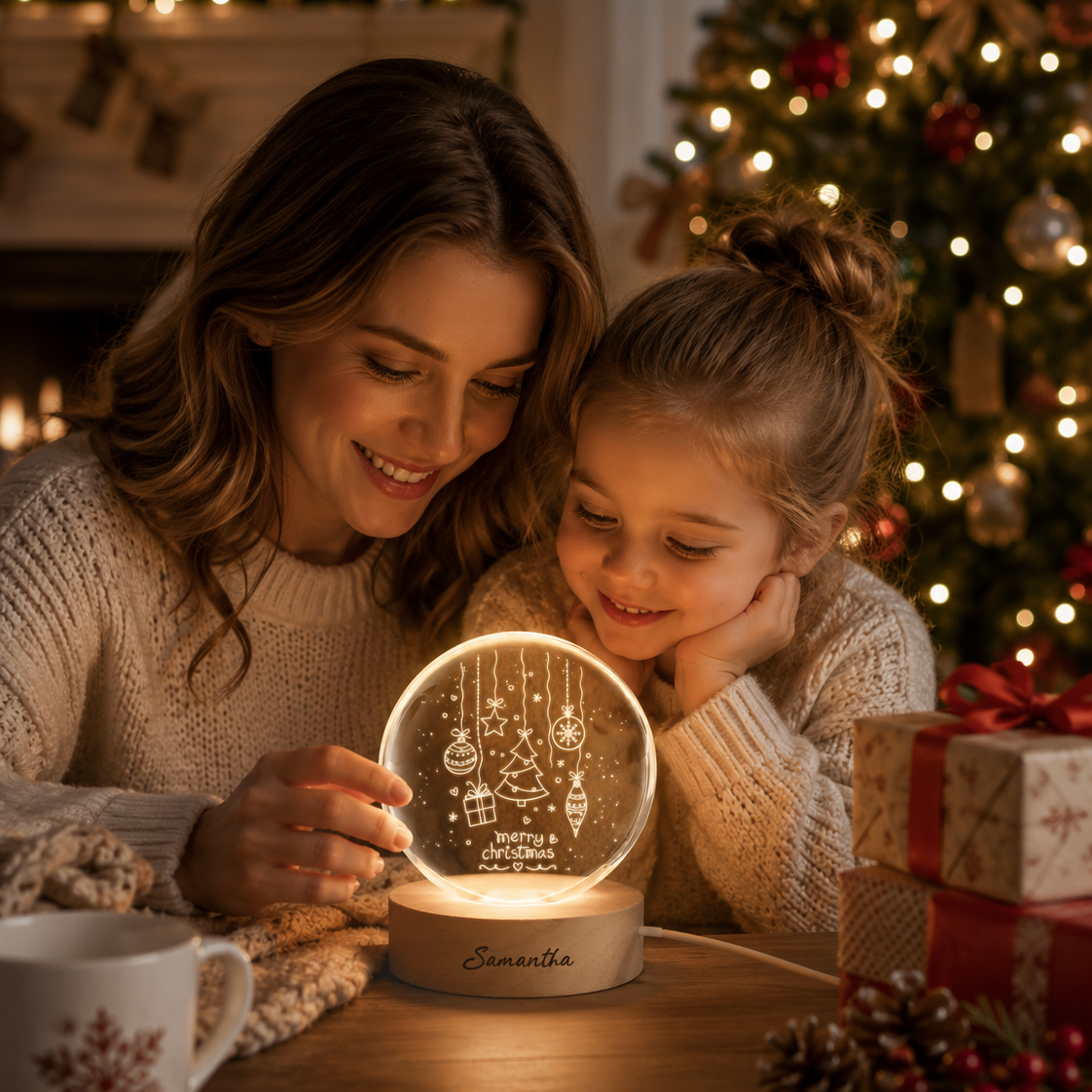 Custom Merry Christmas Ornaments Tree 3D Laser Engraved Crystal Ball with LED Wooden Standee, Personalized Name Holiday Glowing Tabletop Night Light Keepsake