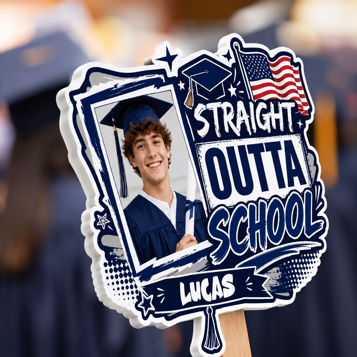 Straight Outta School Custom Shape Photo Hand Fan with Photo, Name Graduation Party Fan