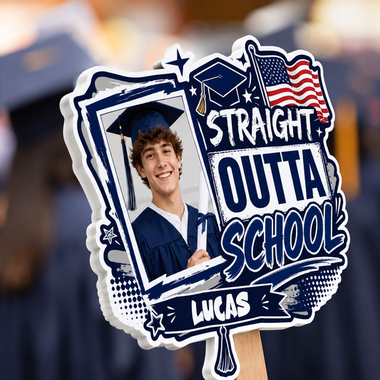 Straight Outta School Custom Shape Photo Hand Fan with Photo, Name Graduation Party Fan