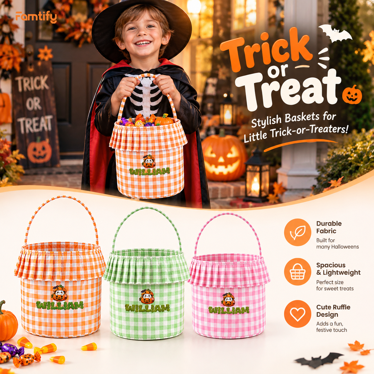 Personalized Halloween Ghost Pumpkin 3D Puff Embroidered Ruffle Basket Custom Name Trick or Treat Bucket