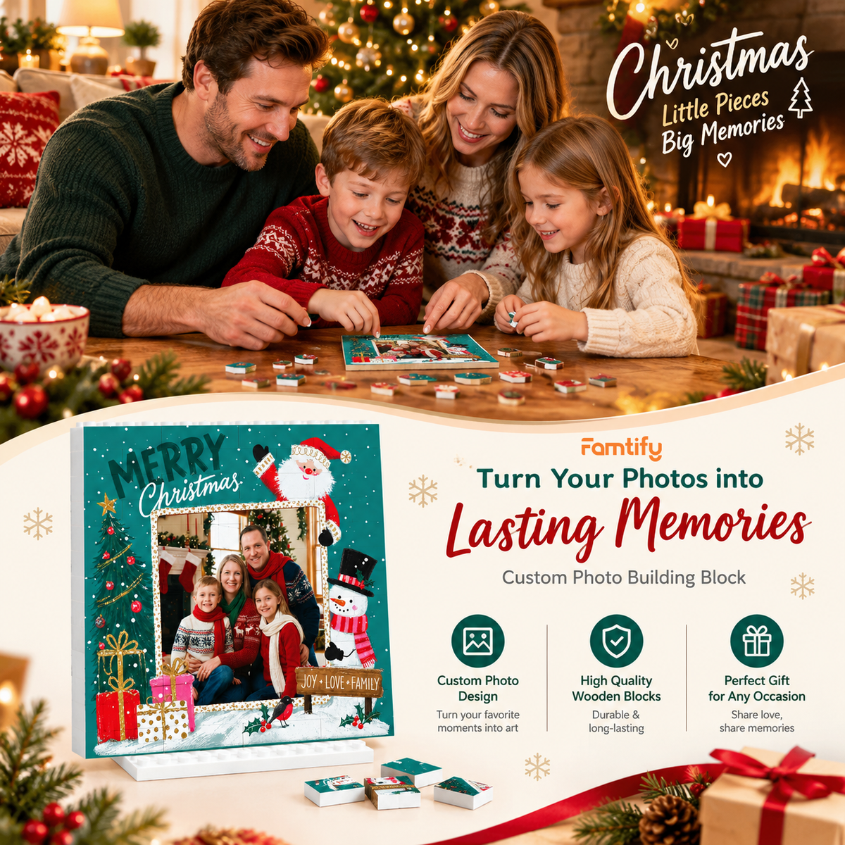 Personalized Photo Christmas Building Block in Deep Teal, Custom Family Picture Santa & Snowman "Joy Love Family" Brick Puzzle Keepsake Decor, Festive Holiday Desk Gift