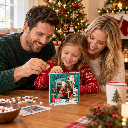 Personalized Photo Christmas Building Block in Deep Teal, Custom Family Picture Santa & Snowman "Joy Love Family" Brick Puzzle Keepsake Decor, Festive Holiday Desk Gift