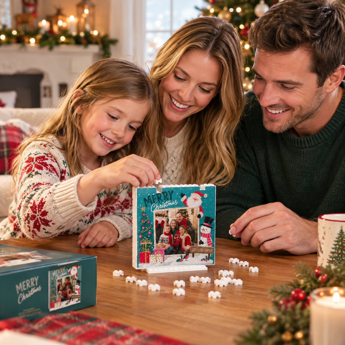 Personalized Photo Christmas Building Block in Deep Teal, Custom Family Picture Santa & Snowman "Joy Love Family" Brick Puzzle Keepsake Decor, Festive Holiday Desk Gift