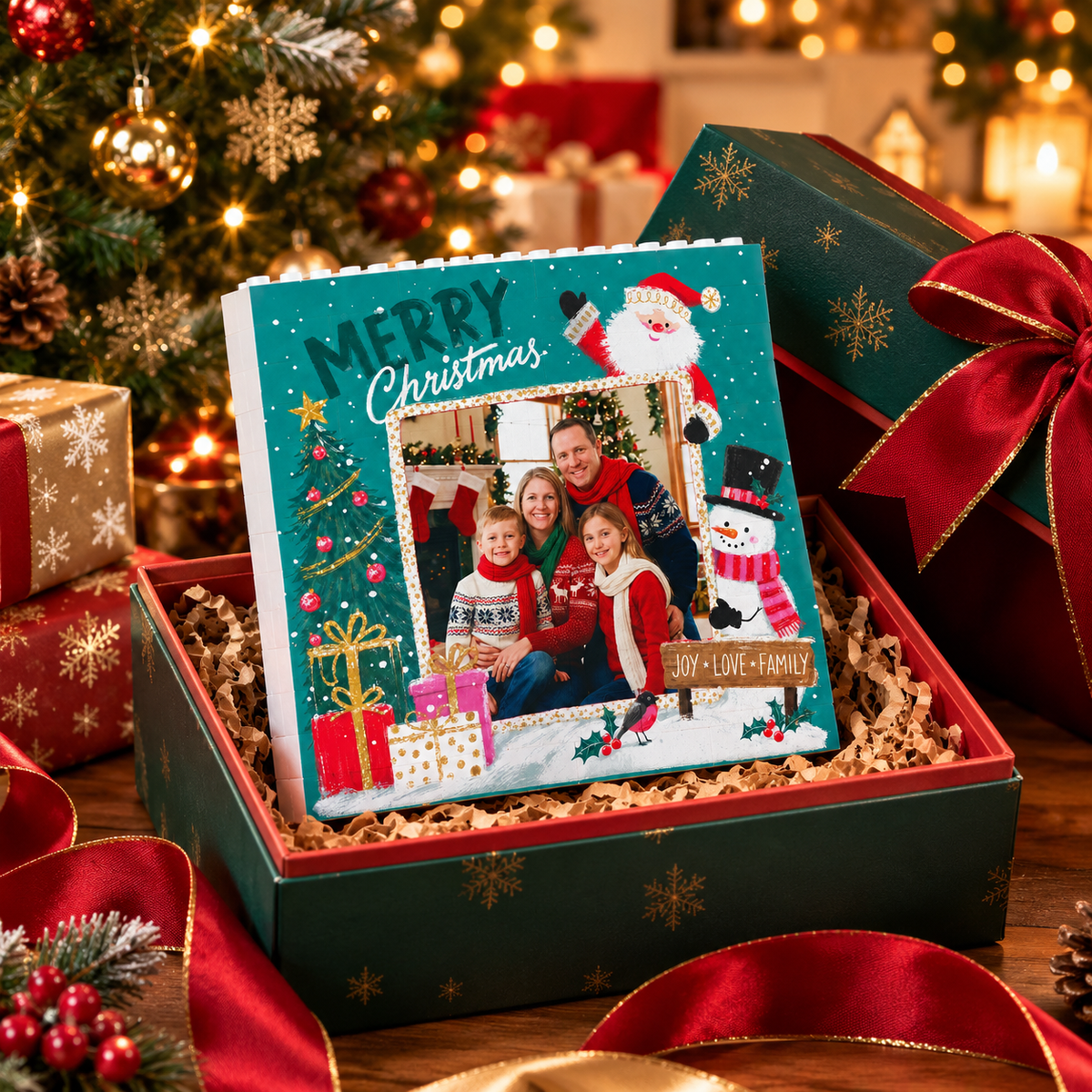 Personalized Photo Christmas Building Block in Deep Teal, Custom Family Picture Santa & Snowman "Joy Love Family" Brick Puzzle Keepsake Decor, Festive Holiday Desk Gift