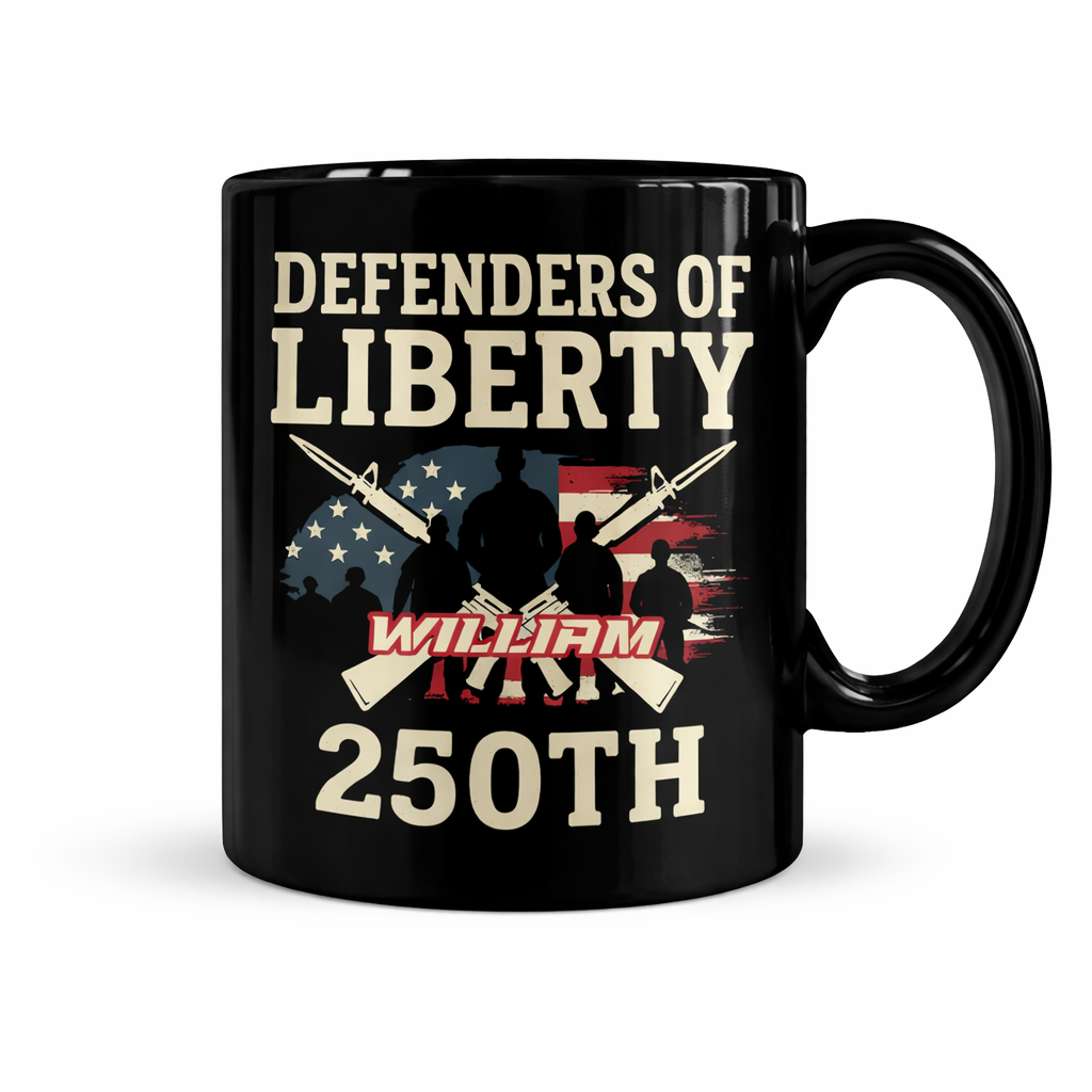 Defenders of Liberty 250th Anniversary USA Black Mug – Personalized Patriotic Veteran Tribute Mug