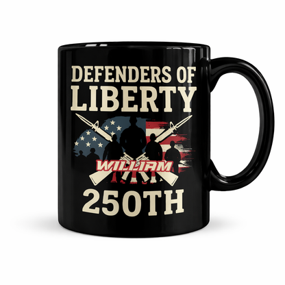 Defenders of Liberty 250th Anniversary USA Black Mug – Personalized Patriotic Veteran Tribute Mug