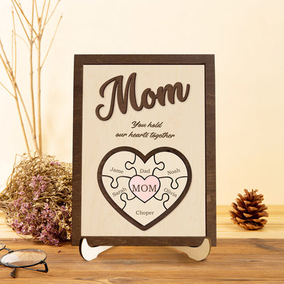 Personalized Heart Puzzle Sign for Mom – Custom Family Name Decor