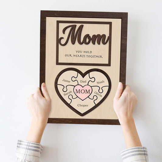Personalized Heart Puzzle Sign for Mom - Custom Family Name Decor