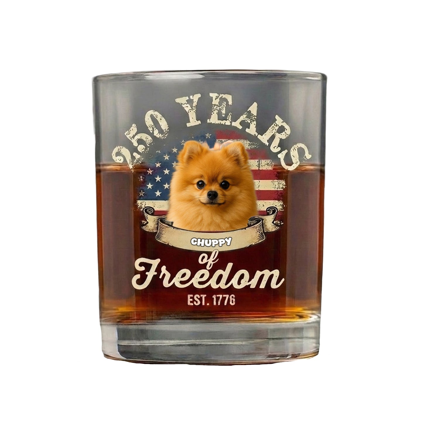 Custom Dog Photo 250 Years of Freedom EST. 1776 Whiskey Glass