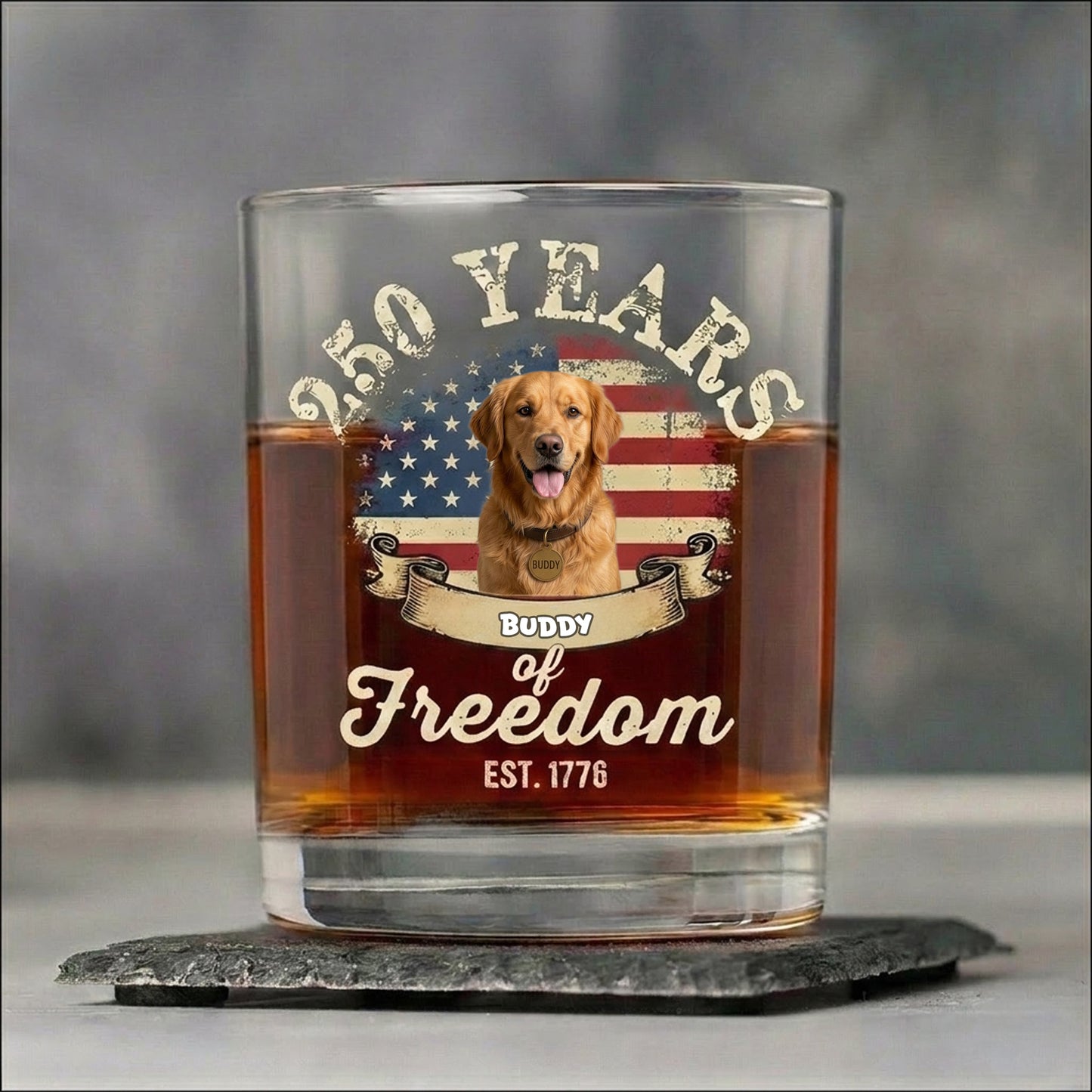 Custom Dog Photo 250 Years of Freedom EST. 1776 Whiskey Glass