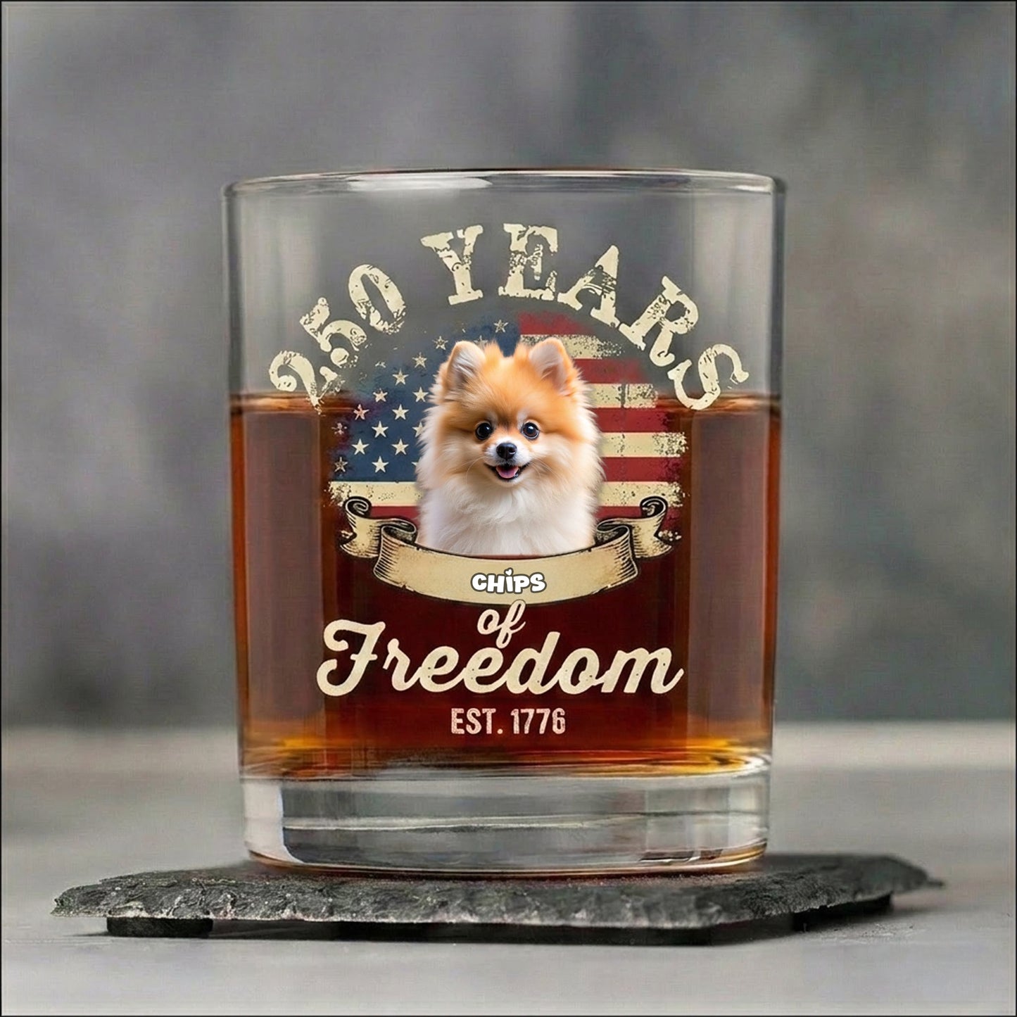 Custom Dog Photo 250 Years of Freedom EST. 1776 Whiskey Glass