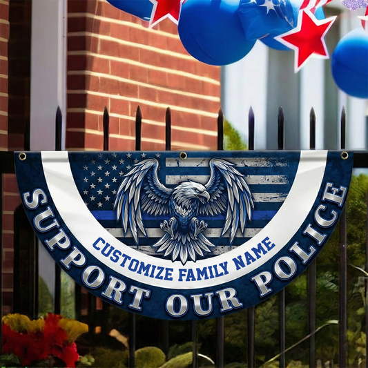 Custom Family Name American Flag Thin Blue Line Eagle Back Non-Pleated Fan Flag