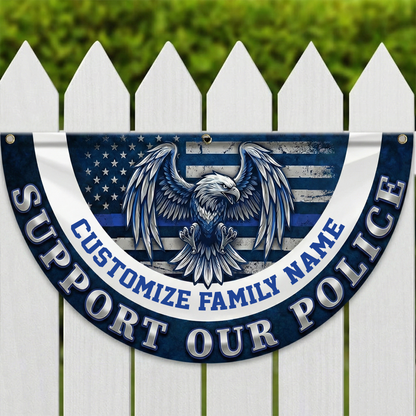 Custom Family Name American Flag Thin Blue Line Eagle Back Non-Pleated Fan Flag