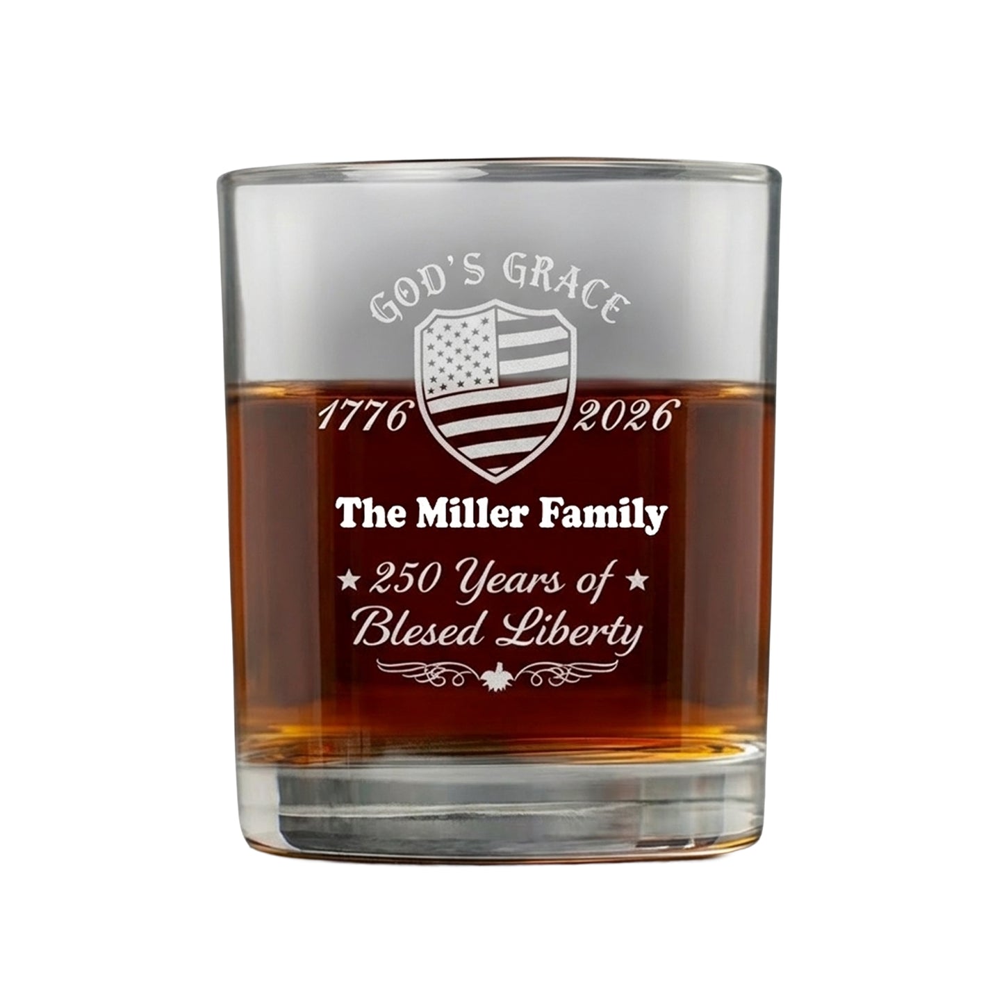 Custom Family Name Patriotic American, 250 Years of Blessing God Whiskey Glass