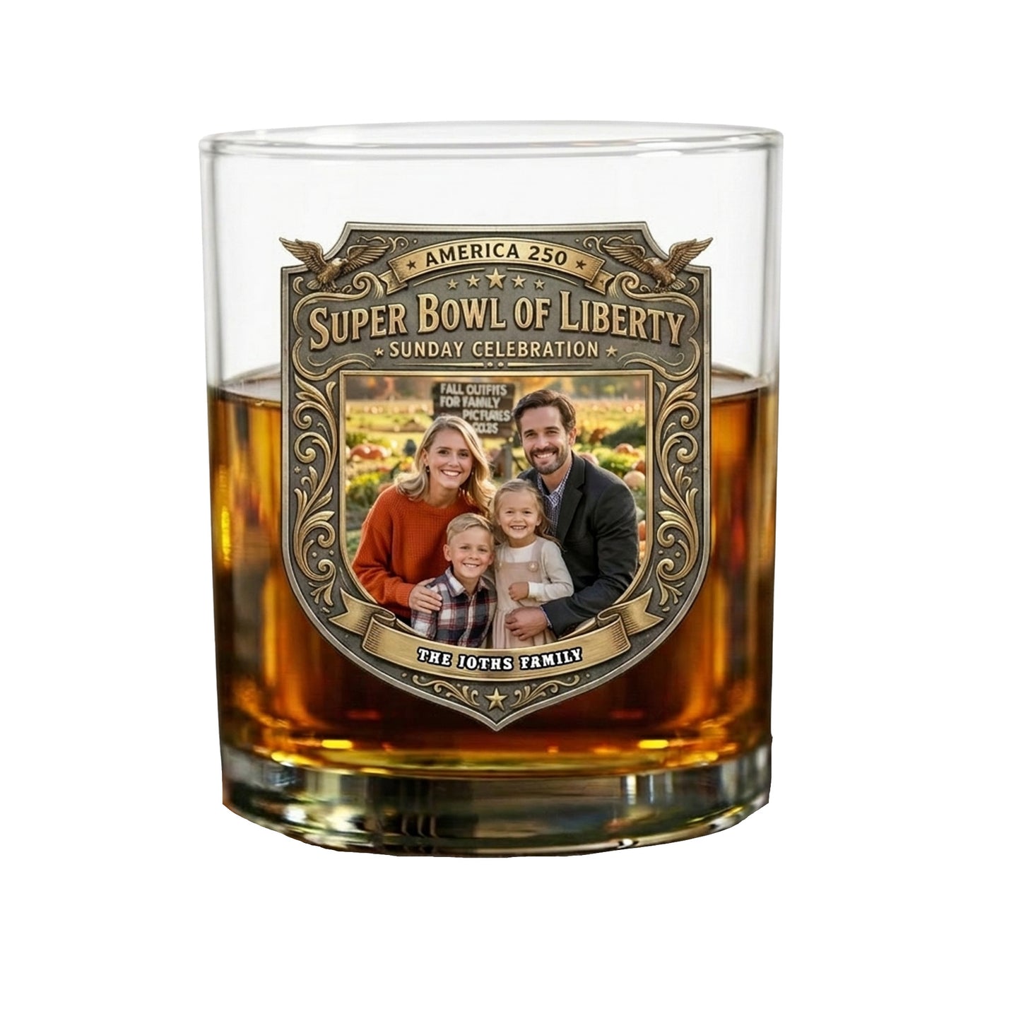 Custom Photo Super Bowl Of Liberty America 250th Anniversary Whiskey Glass Gift For Family