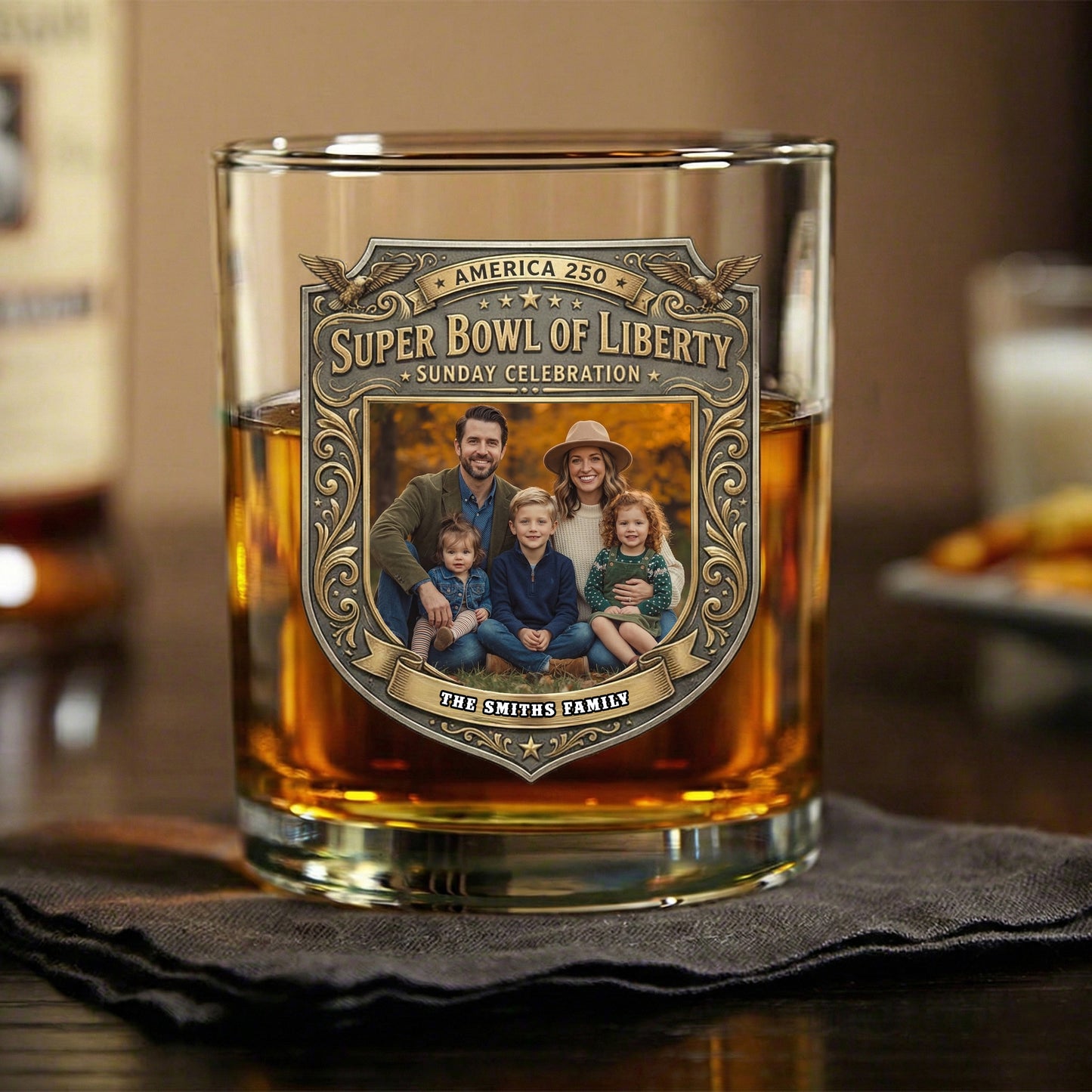 Custom Photo Super Bowl Of Liberty America 250th Anniversary Whiskey Glass Gift For Family
