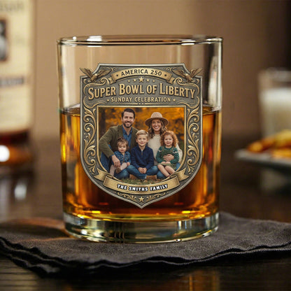Custom Photo Super Bowl Of Liberty America 250th Anniversary Whiskey Glass Gift For Family