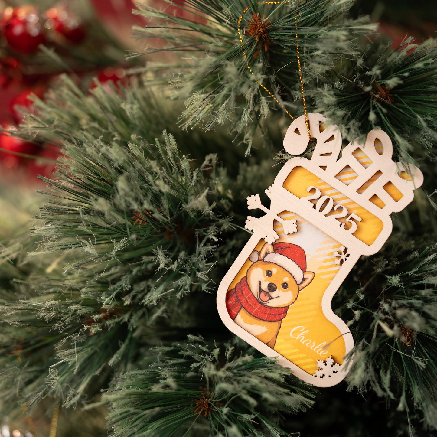 Dog Christmas Sock - Custom 2-Layered Wood Ornament for Dog Lovers Holiday Gift