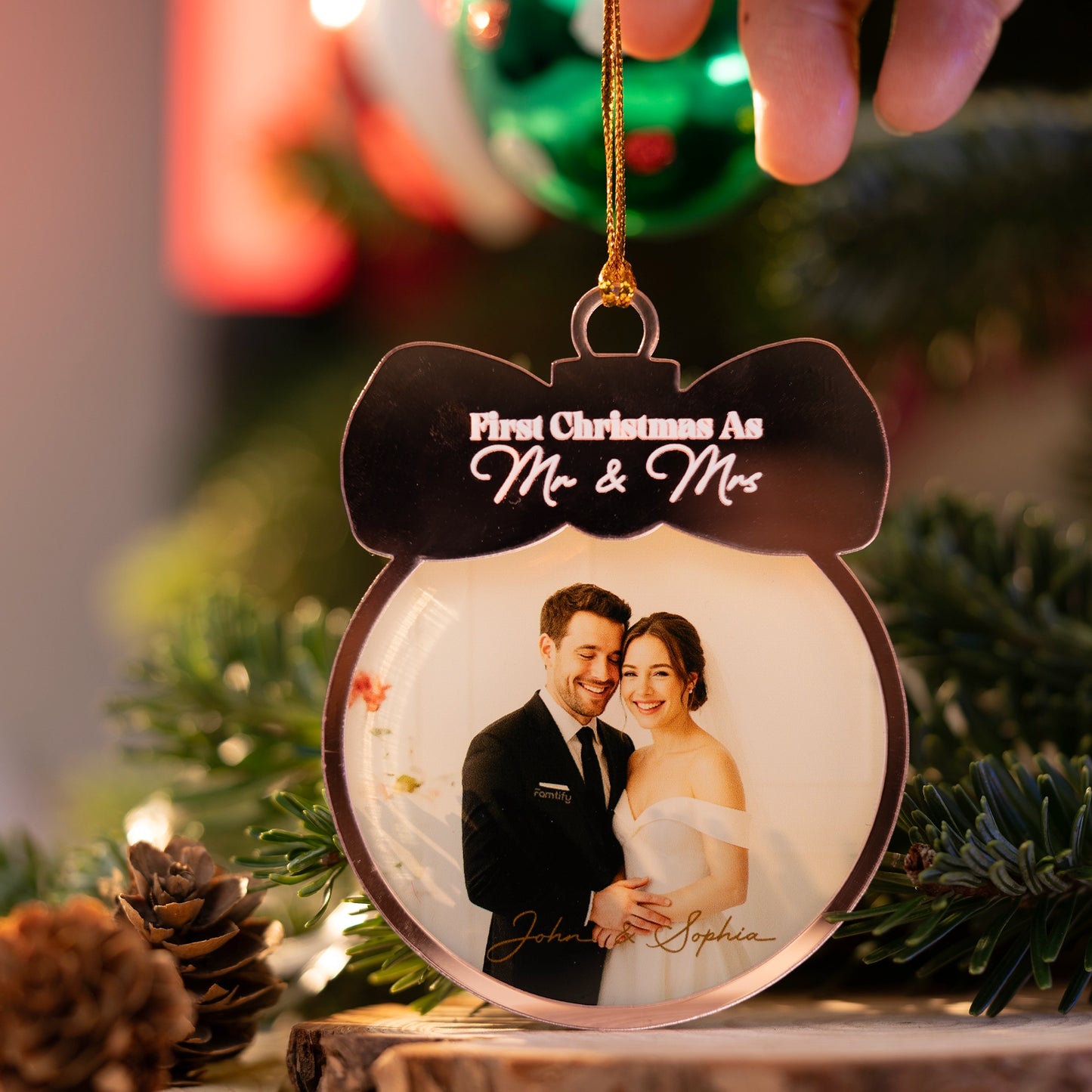 Personalized First Christmas Married Couple Mirrored Acrylic Ornament - Custom Wedding Photo Gift
