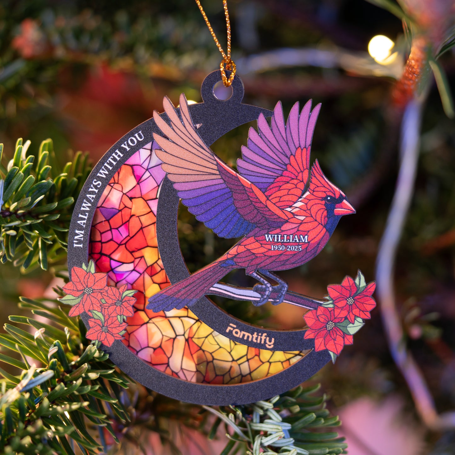 Cardinal Stained Glass Moon Design – Custom Wood and Acrylic Ornament for Memorial Gift