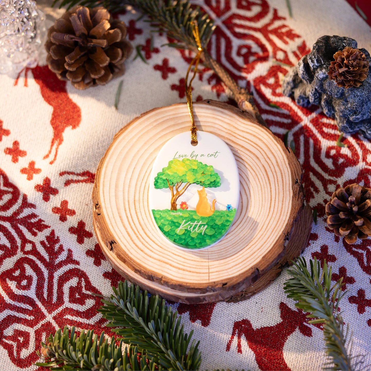 Love By A Cat - Personalized Cat Lover Ceramic and Acrylic Ornament