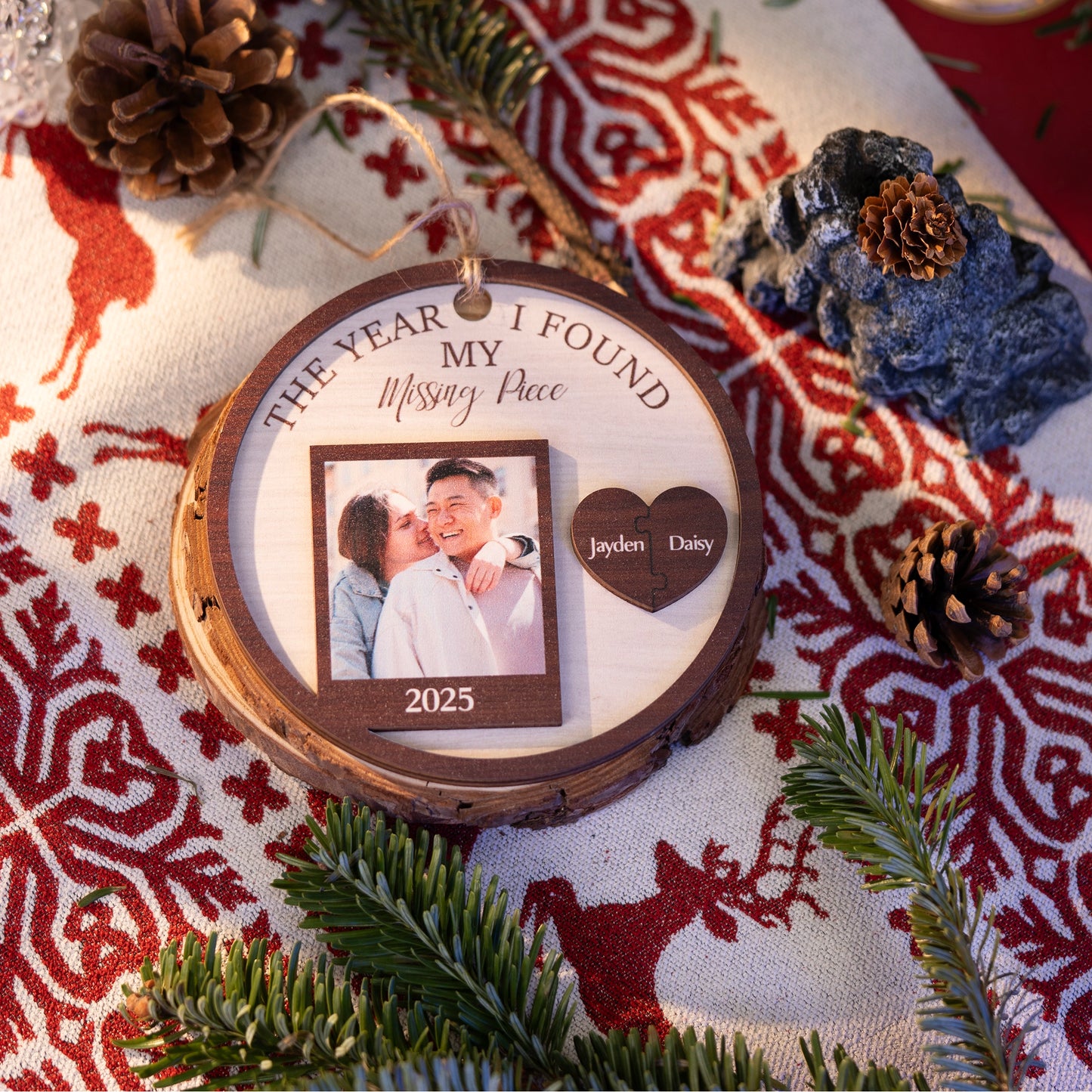 Personalized Couples Ornament – “The Year I Found My Missing Piece” 2-Layer Wooden Keepsake