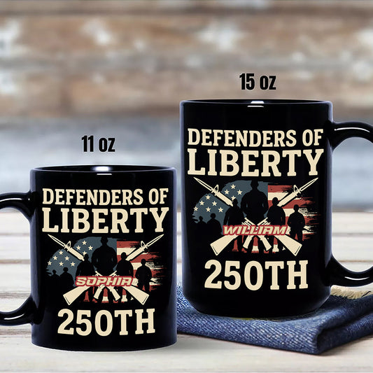 Defenders of Liberty 250th Anniversary USA Black Mug - Personalized Patriotic Veteran Tribute Mug