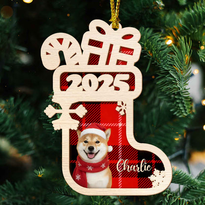 Dog Christmas Sock - Custom 2-Layered Wood Ornament for Dog Lovers Holiday Gift
