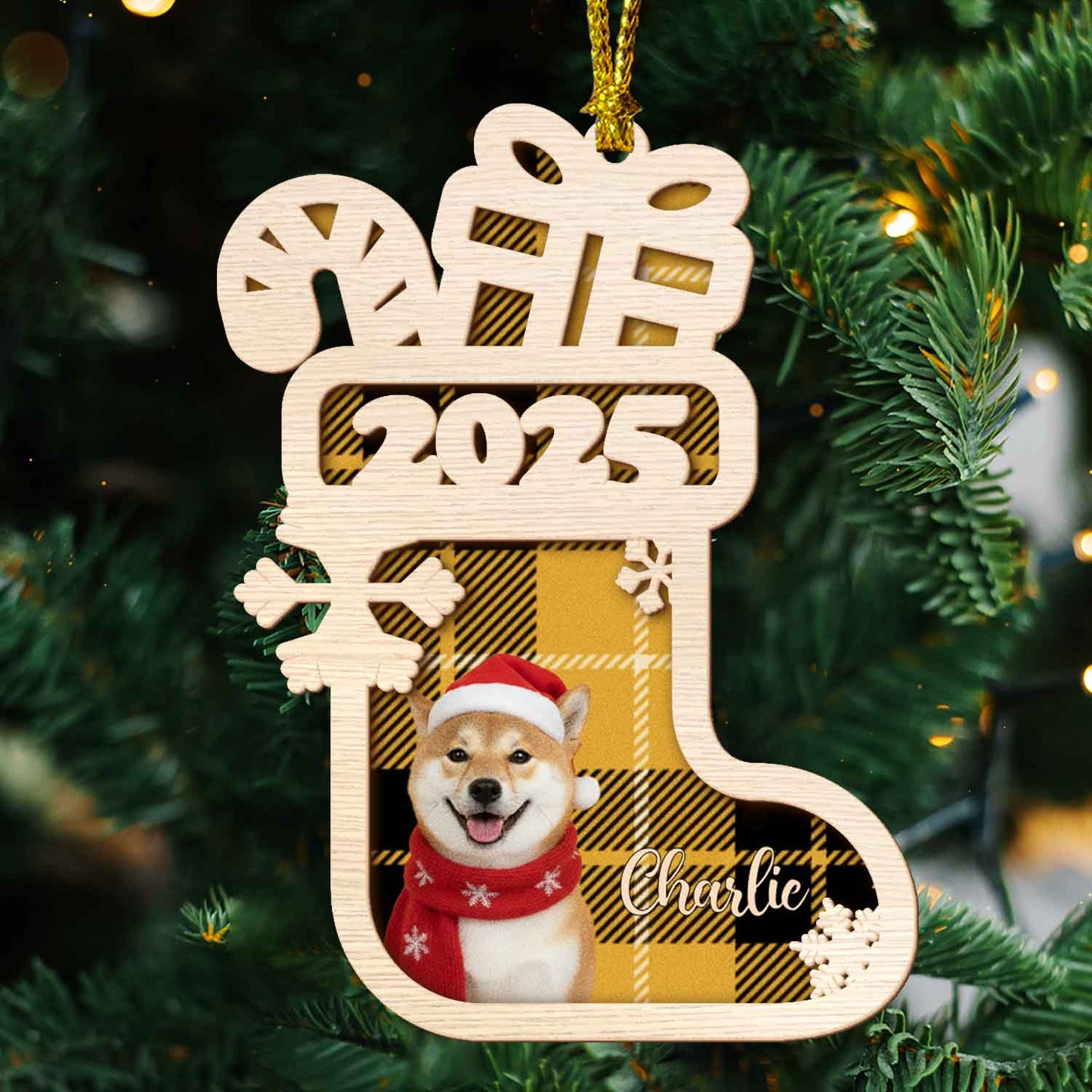 Dog Christmas Sock - Custom 2-Layered Wood Ornament for Dog Lovers Holiday Gift