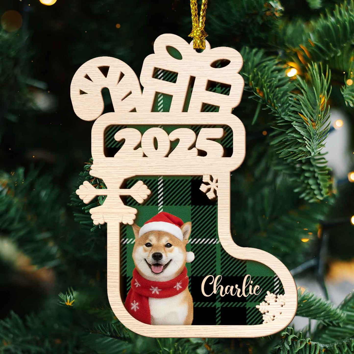 Dog Christmas Sock - Custom 2-Layered Wood Ornament for Dog Lovers Holiday Gift