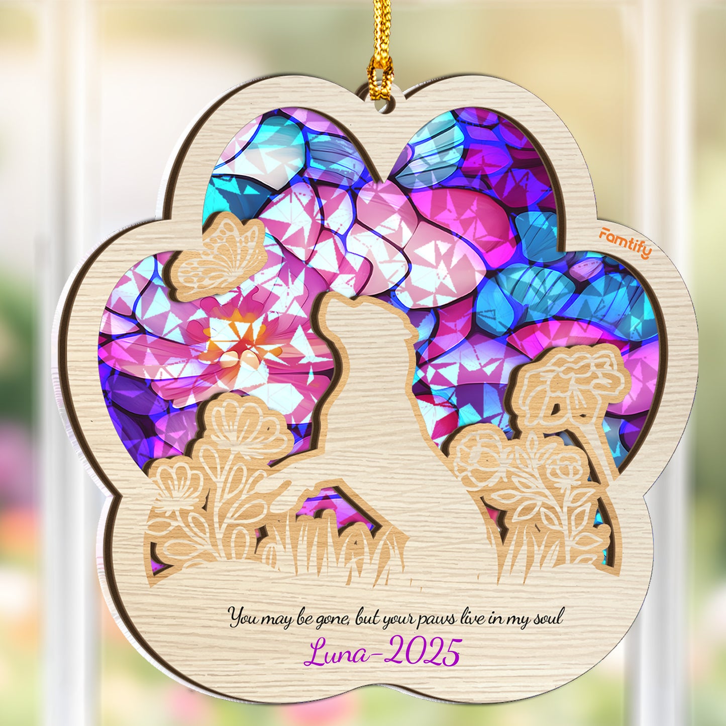 Your Paws Live in My Soul - Custom Wood and Hologram Acrylic Memorial Ornament