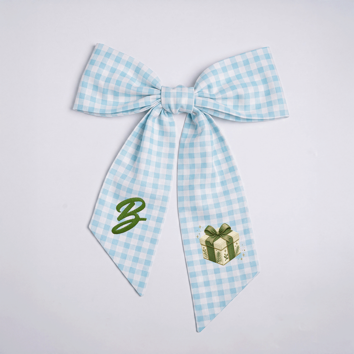 Custom Letter Green Bow Christmas Gift Box Embroidered Linen Wreath Sash, Personalized Monogram Holiday Bow Sash for Door Decor