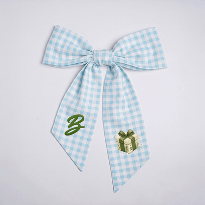 Custom Letter Green Bow Christmas Gift Box Embroidered Linen Wreath Sash, Personalized Monogram Holiday Bow Sash for Door Decor