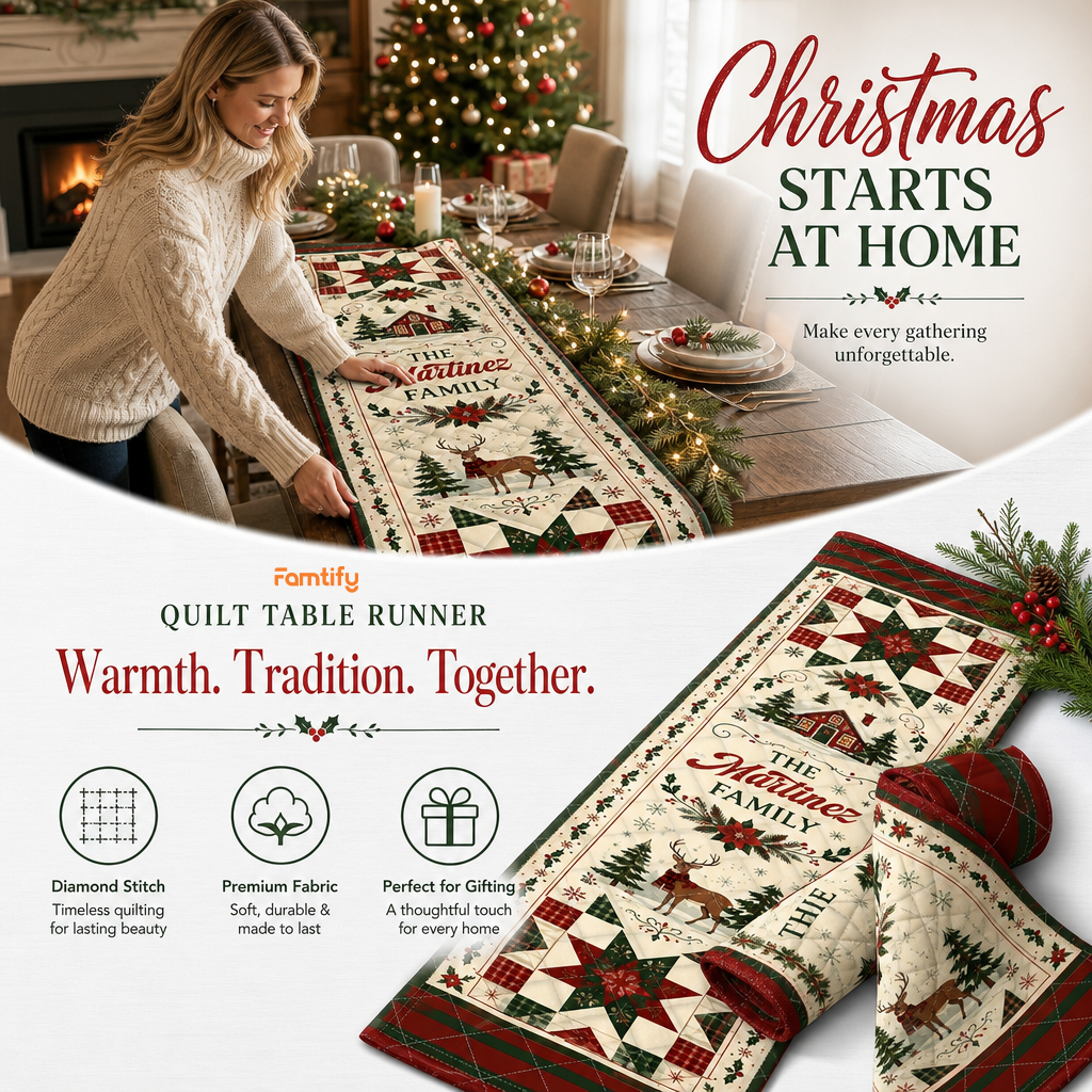 Personalized Family Name Plaid Star & Winter Reindeer Quilt Table Runner, Custom Christmas Cabin Quilted Table Topper Decor, Vintage Farmhouse Holiday Dining Table Runner