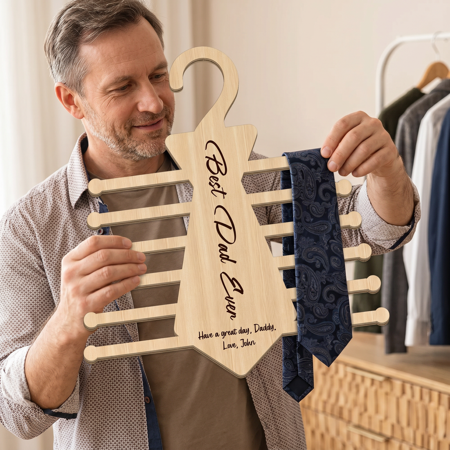 Personalized Tie Hanger for Dad – “Best Dad Ever” Wooden Organizer Gift