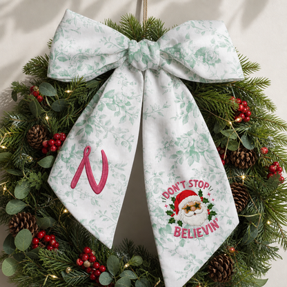 Custom Monogram Don't Stop Believin' Santa Embroidered Linen Door Wreath Sash, Personalized Initial Star Sunglasses Santa Quote Holiday Wreath Sash & Front Door Decor