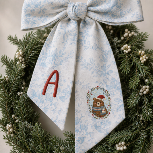 Personalized Monogram Christmas Bear Embroidered Linen Door Wreath Sash, Custom Initial Holiday Wreath Bow Sash Decor, Festive Front Door Home Accessories
