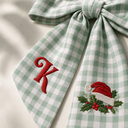 Custom Letter Christmas Santa Hat Embroidered Linen Wreath Sash, Personalized Sage Floral Monogram Bow for Front Door Decor