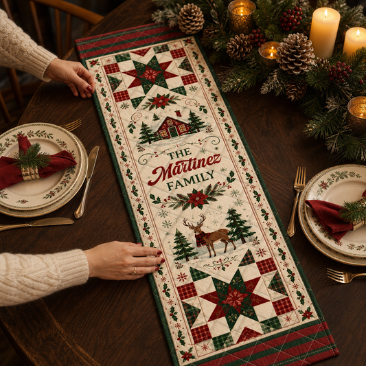 Hands placing a cream quilt runner with plaid patchwork stars, log cabin, reindeer and custom family name in red script