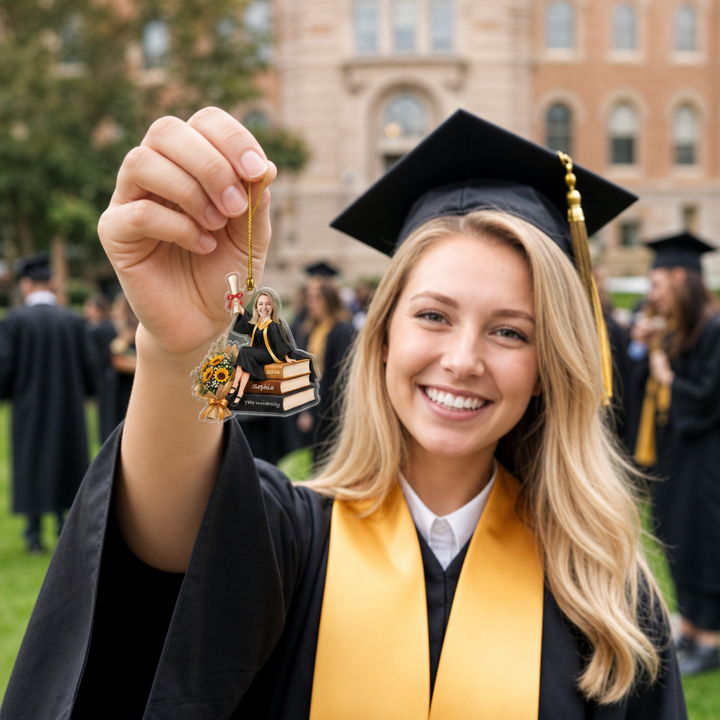 Personalized Sunflower and Books Graduation Photo Acrylic Ornament – Custom Photo for Girls