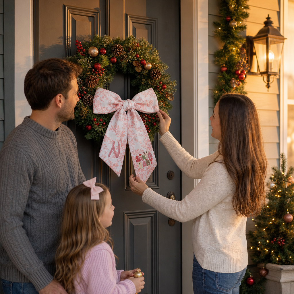 Custom Monogram Santa Baby Embroidered Linen Door Wreath Sash, Personalized Initial Retro Typography Reindeer Pink Tree Holiday Wreath Sash & Front Door Decor