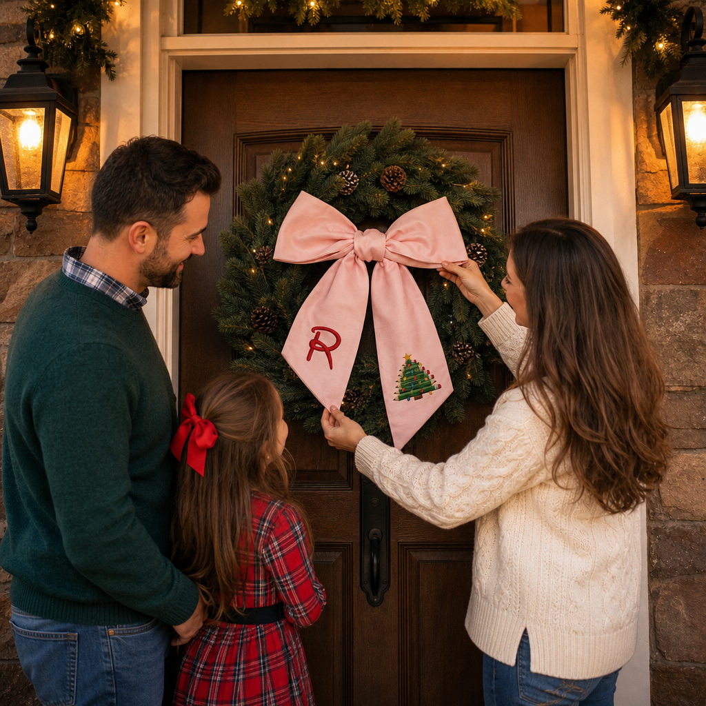 Custom Monogram Pencil Christmas Tree Embroidered Linen Door Wreath Sash, Personalized Initial Teacher School Pencil Tree Lights Holiday Wreath Sash & Front Door Decor